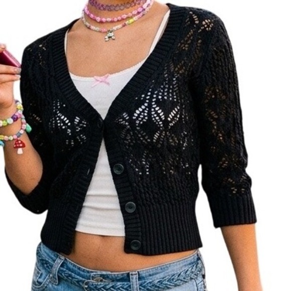 Say What? Sweaters - Say What Black Pointelle Knit Cardigan Y2K Cropped Button Front Sweater Large
